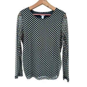 Chico's Polka Dot Long Sleeve Sheer Top Nylon Black Brown Scoop Neck Sz 2 Large